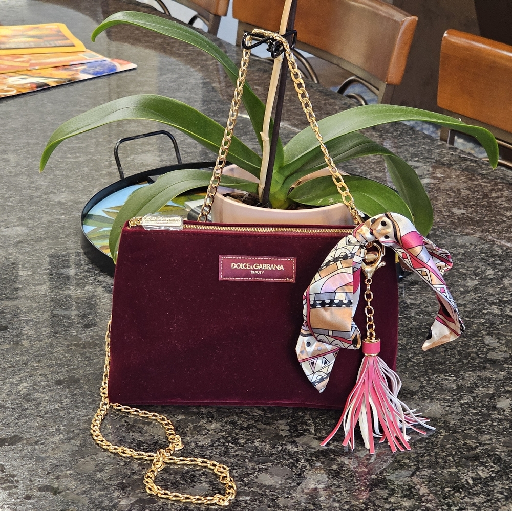 Dolce and Gabbana Burgundy Velvet Clutch W/Crossbody Chain,Twilly, & Charm Added